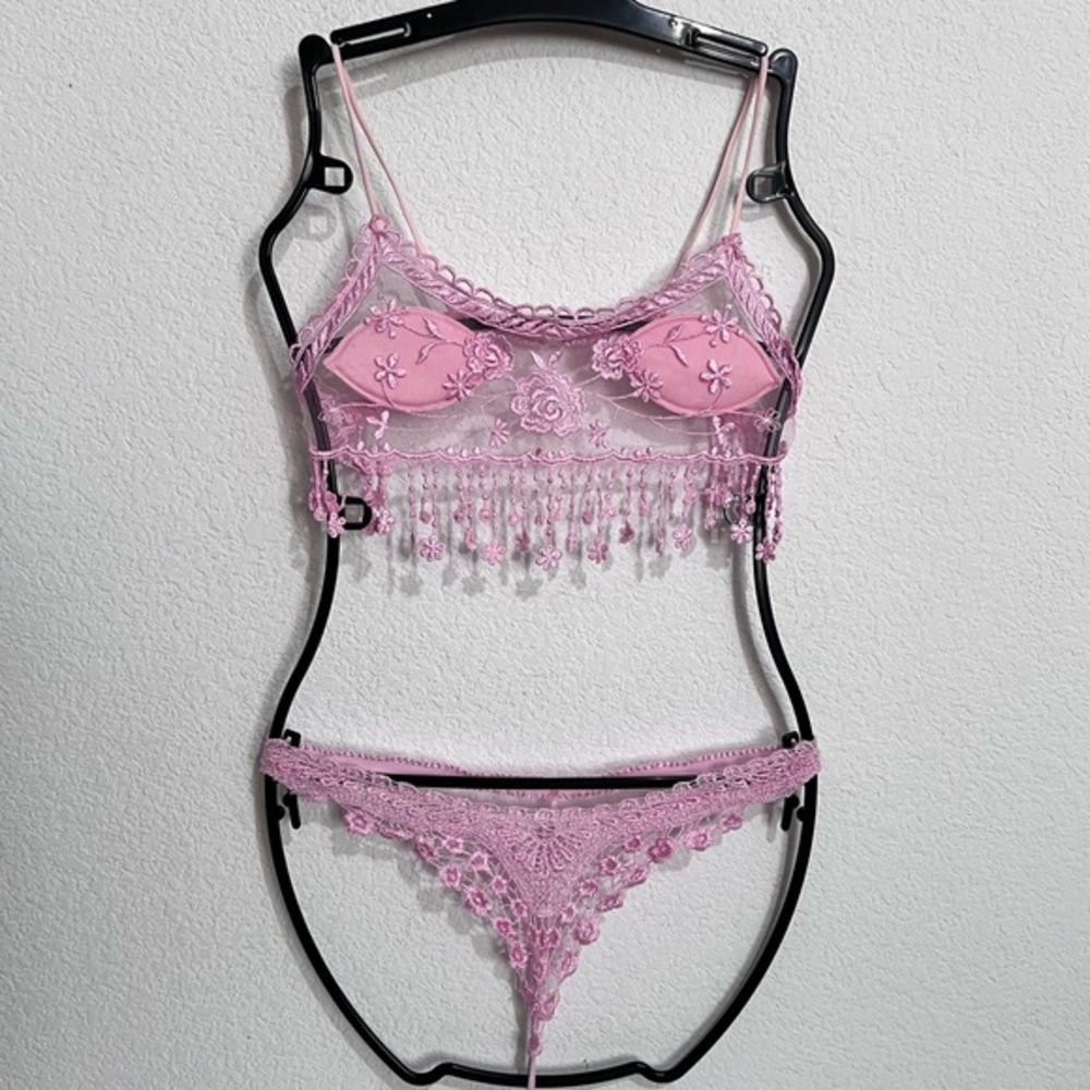 Boutique Handcrafted Pink Lace Lingerie 2 Piece Thong Teddy Play Suit Small